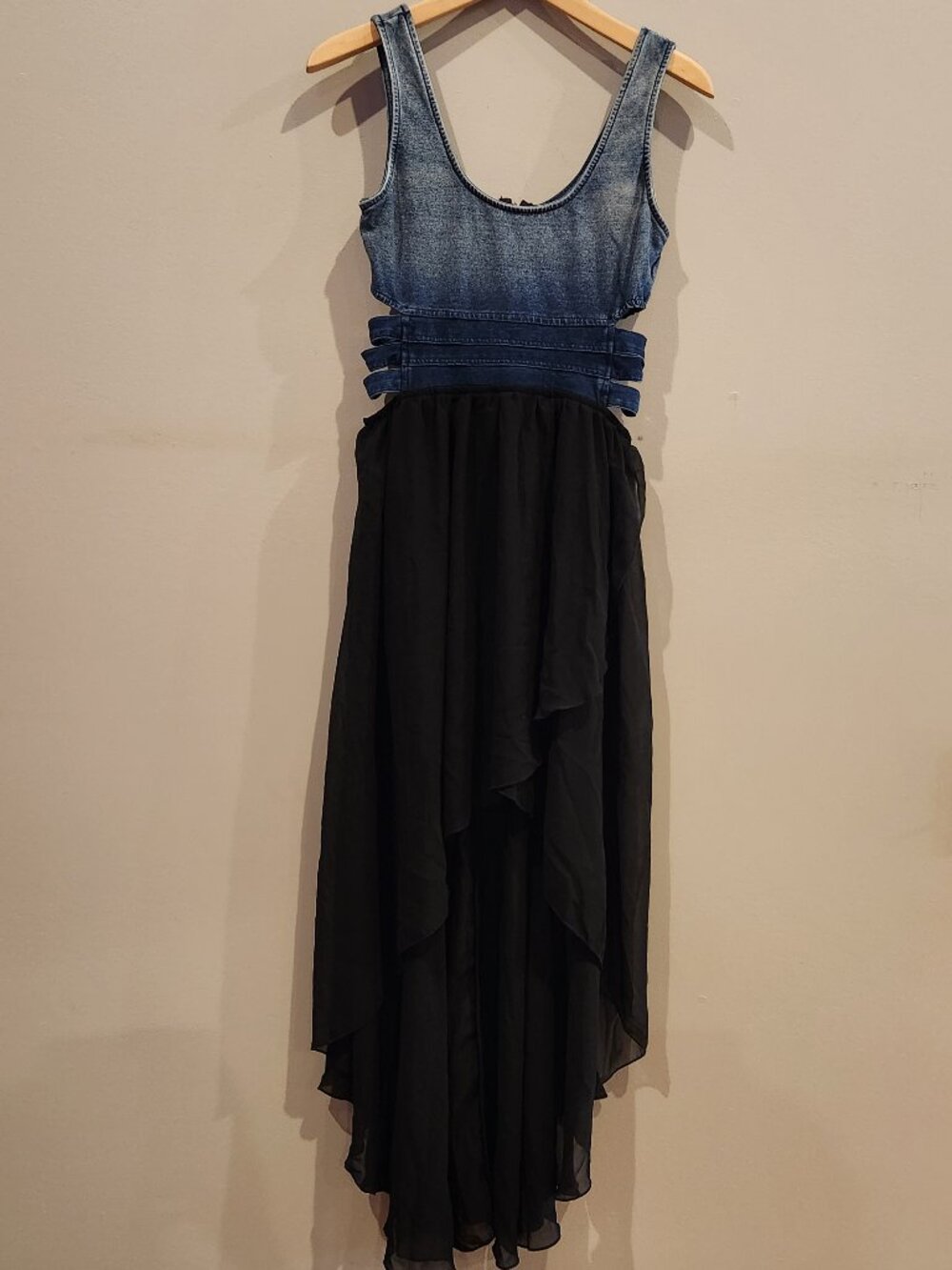 Tobi Denim and Black Chiffon High Low Dress Cutout Waist Size Medium